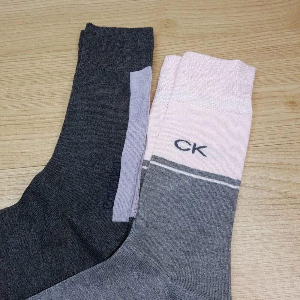 CALVIN KLEIN Mens Crew Dress Socks Gray 2-Pack Purple Pink Colorblock Stripe